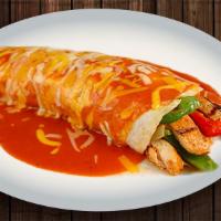 Fajita Burrito · Chicken or steak strips with onions bell pepper smothered with green chili and cheese.