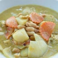 Yellow Curry · Yellow curry with coconut milk, potatoes, carrots, onions, peanuts and choice of meat.