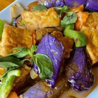 Spicy Eggplant With Tofu · Asian eggplant stir-fried with fried tofu, basil, bell peppers, onions and carrots in bean p...