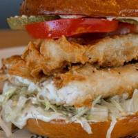 White Fish Club Sandwich · Crispy loup de mer, tartar sauce, lettuce, tomato, pickle