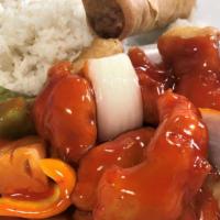 Sweet & Sour Chicken · Sliced chicken marinated in a sweet & sour sauce with pineapple, carrot, white onion, green ...