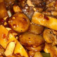 Kung Pao Chicken (Spicy) · Sliced chicken sautéed with chili pepper, yellow onion, celery, water chestnuts, bamboo shoo...