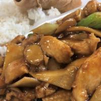 Cashew Chicken · Sliced chicken sautéed with roasted cashews, baby corn, carrots, celery, bamboo shoots, and ...