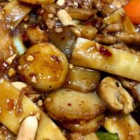 Kung Pao Pork (Spicy) · Sliced pork sautéed with chili pepper, yellow onion, celery, water chestnuts, bamboo shoots,...