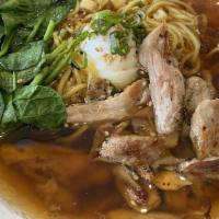 Duck Ramen · Dashi-Chicken broth,soy sauce base,duck,poached egg,spinach,corn