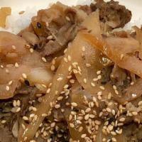 Japanese Beef Rice Bowl · Thin sliced beef with onion (cannot remove onion cooked with beef) ,simmered in dashi broth.