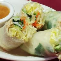 Fresh Spring Roll (2) · Wrapped with rice paper, filled with chicken or shrimp for additional charge. cilantro, lett...