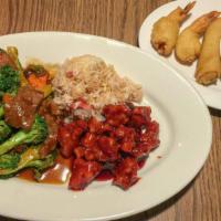 Combo · Egg roll and deep fried prawn, broccoli beef, general Tso’s chicken (hot and spicy), BBQ por...