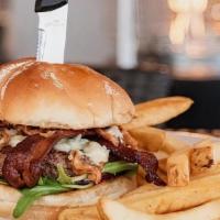 Bacon Bleu Burger · 6 oz hand-pressed chuck brisket patty with house-made BBQ, arugula, red onion, bleu cheese, ...