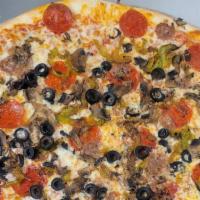 Fugedabodit Pizza · Pepperoni, sausage, mushrooms, green peppers and black olives.