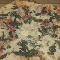Long Island Clam Digger Pizza · Chopped clams, garlic and bacon topped with melted provolone cheese, basil and Parmesan.