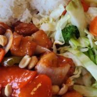 Kung Pao Chicken · Served with steamed rice and salad.