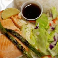 Salmon Teriyaki · Served with steamed rice and salad.