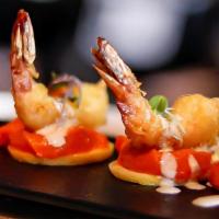 Jalapeño Shrimp · Sliced lemon, carrot purée, and deep fried shrimp served with creamy jalapeño sauce.