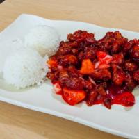 Sweet And Sour Chicken · Served with steamed rice.