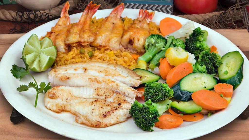 Acapulco Plate · Grilled tilapia filet and butterfly style shrimp. Served with steamed California veggies and rice.