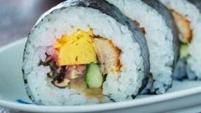 Futomaki Roll · Five pieces. Egg, spinach, shiitake mushroom, gourd and fish flakes.