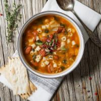 Minestrone Soup · Hearty veggies prepared in a savory broth