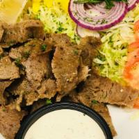 Gyro Platter · A generous portion of thinly sliced gyro meat, lettuce, tomato, red onion, banana peppers, a...