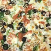 Garden Delight · Red Sauce, Cheese, Mushroom, Olives, Bell Pepper, Tomatoes, Onion & Spinach.