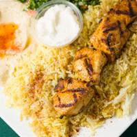 Chicken Kabab Entree · Large pieces of chicken breast grilled on a skewer, served with garlic sauce.