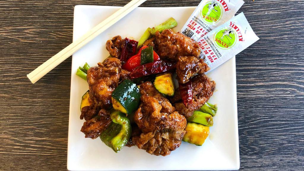 Kung Pao Chicken - Small · Wok-fired chicken, bell pepper, zucchini, green onions, chili peppers, aromatics tossed in a sweet, savory and spicy sauce.