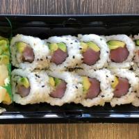 Tuna Avocado Roll (10 Pc) · Tuna & Avocado rolled in Seaweed with Sushi Rice & Sesame Seeds.