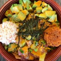 Big Kahuna · White Rice, Salmon, Ahi, Crab Salad, Avocado, Pineapple, Green Onions, Crispy Onion, Nori