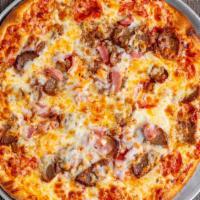 12'' Meat Lovers Pizza · Six slices. Pepperoni, sausage, meatball, ham, extra cheese.
