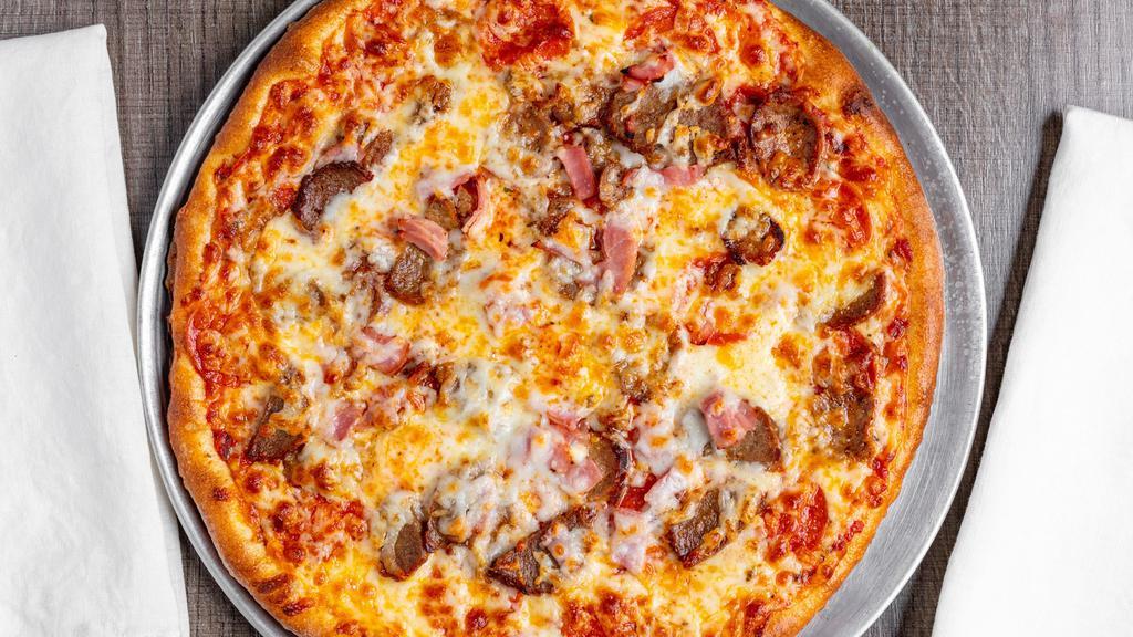 14'' Meat Lovers Pizza · Six slices. Pepperoni, sausage, meatball, ham, extra cheese.