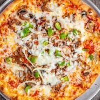 18'' Special Pizza · Ten slices. Pepperoni, sausage, mushrooms, green peppers, onions, extra cheese.