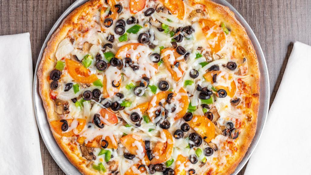 14'' Veggie Pizza · Six slices. Mushrooms, black olives, onions, green peppers, diced tomatoes.
