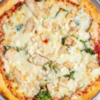 16'' Greek Pizza · Eight slices. Spinach, Feta cheese, roasted chicken, garlic, Mozzarella.