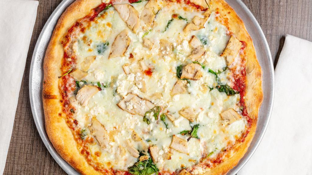 14'' Greek Pizza · Six slices. Spinach, Feta cheese, roasted chicken, garlic, Mozzarella.