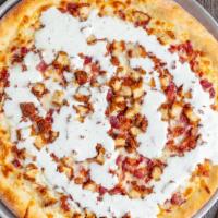 18'' Chicken Bacon Ranch Pizza · Ten slices. No sauce, chicken cutlet, bacon, ranch.