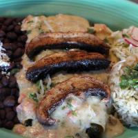 Portobello & Spinach · Grilled Portobello Mushrooms / Spinach / Mixed Cheese /  Green Chile (Spicy) or Hatch Red Ch...