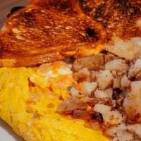 3 Egg Omelet · 3 Eggs plus your choice of veggies (mushroom, onion, pepper, spinach, tomato), cheese, choic...