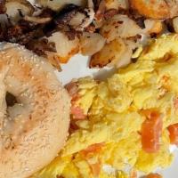 Lox, Eggs, Onions · 2 Scrambled eggs with lox and onions and choice of toast, served with potatoes, scrambled or...