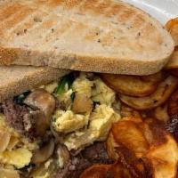 Joe'S Special · A Zaidy's favorite--sauteed onion, mushrooms, and hamburger, with spinach, scrambled eggs, s...