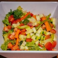 Large Tossed Salad · Mixed salad greens with tomato, cucumber, onion, green pepper, olives and  your choice of dr...
