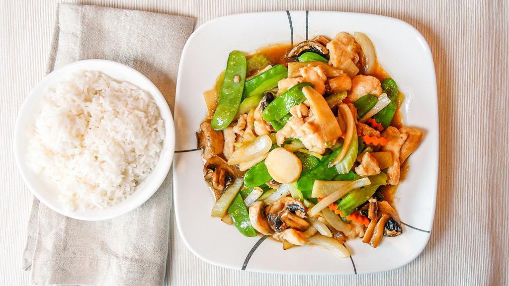 Moo Goo Gai Pan · Sliced of chicken stir fried with sliced mushrooms, celeries, chopped onions, bamboo shoots, water-chestnut, pea pods and carrots. Serve with steam rice.