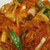 House Stir Fried Fen Si · Bean thread noodles stir fried with chicken, pork, , shrimps, , nappa cabbages, snow peas an...