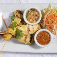 Chicken Satay (4) · Contains nuts. Freshly grilled chicken served with cucumber sauce and peanut sauce (contains...