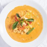 Red Curry · Spicy. Red curry, coconut milk, green peas, green and red bell peppers, bamboo shoots, cabba...