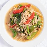 Thai Basil Stir-Fry - Pad Ga Prow · Spicy. Choice of meat stir-fried with bell peppers, bamboo, green beans, Thai basil, and Tha...