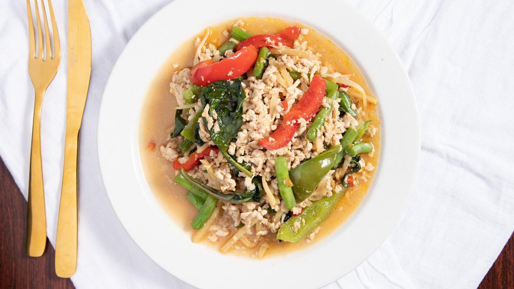 Thai Basil Stir-Fry - Pad Ga Prow · Spicy. Choice of meat stir-fried with bell peppers, bamboo, green beans, Thai basil, and Thai chilies in garlic sauce.