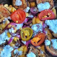 Spicy Beef Kibbeh Bowl  · Fries Bowl, Beef Croquette, Cucumber, Sumac Onion, 
Feta Cheese, Hot Peppers, Spice Devil Sa...
