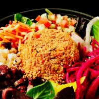 Mediterranean Salad · Mix Greens, Red Cabbage, Tomatoes, Cucumber, Mild Pepper,
Feta Cheese, Kalamata Olives, Hayd...