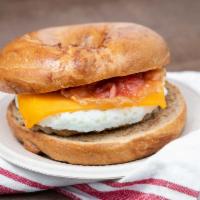 French Toast Bagel Sandwich With Bacon, Sausage, Egg & Cheese · 