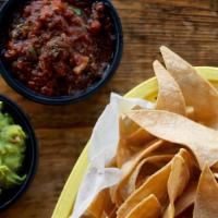 Chips & Guac & Salsa · housemade corn tortilla chips, guacamole and salsa fresca (medium-spicy). serves 2-4 with 1 ...
